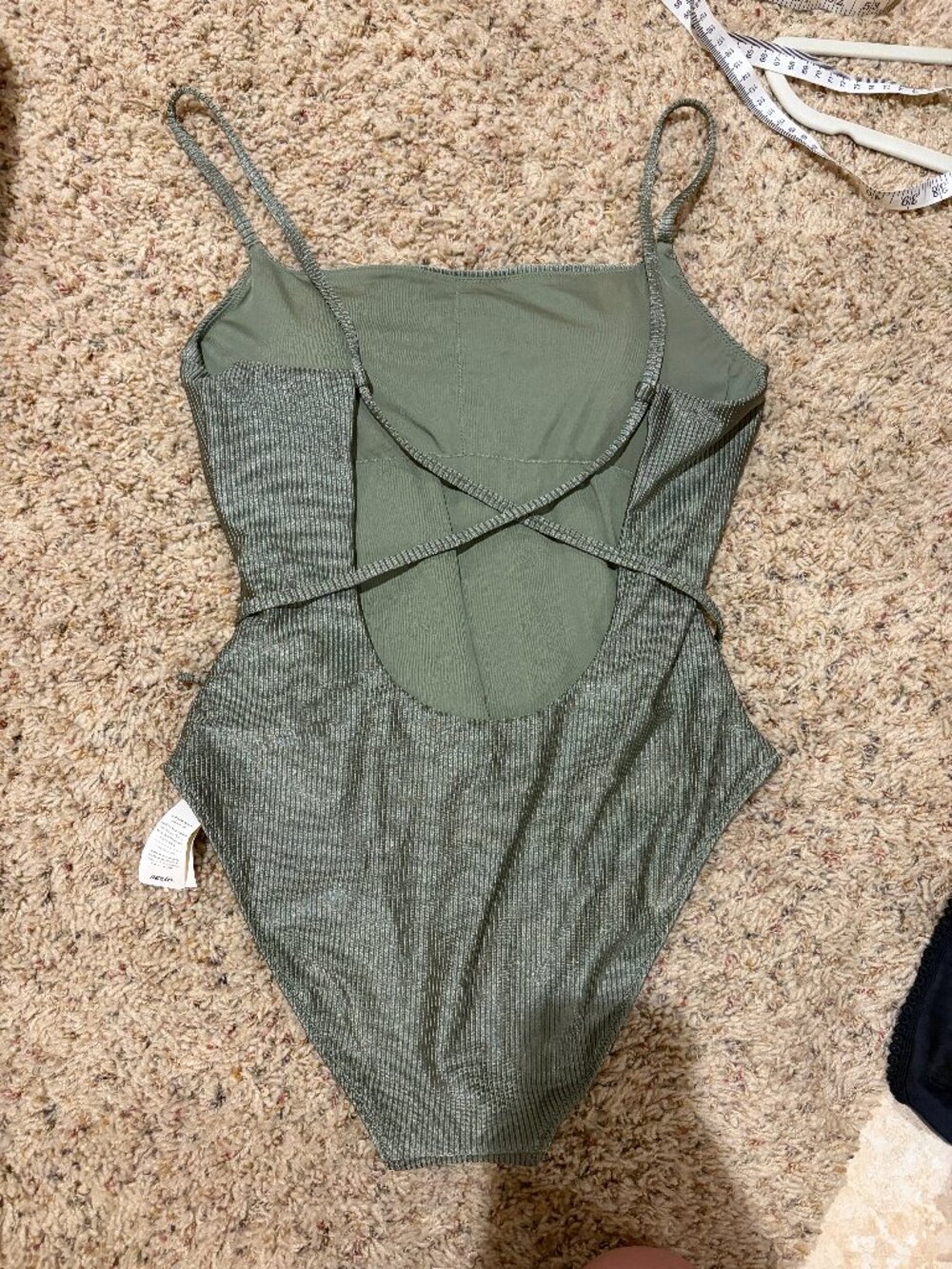 Aerie Shine Ribbed Strappy Scoop Olive Green One Piece Wrap Around Tie Swimsuit - Picture 9 of 11